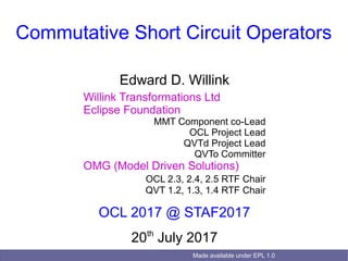 Made available under EPL 1.0
Commutative Short Circuit Operators
Edward D. Willink
Willink Transformations Ltd
Eclipse Foundation
MMT Component co-Lead
OCL Project Lead
QVTd Project Lead
QVTo Committer
OMG (Model Driven Solutions)
OCL 2.3, 2.4, 2.5 RTF Chair
QVT 1.2, 1.3, 1.4 RTF Chair
OCL 2017 @ STAF2017
20th
July 2017
 
