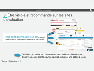 5. Être visible et recommandé sur les sites
d’evaluation
Plus que du nice-to-have > la confiance c’est les autres > l’opportunité communautaire
Plus de 9 internautes sur 10 préparent
leurs achats en consultant au préalable un site internet.
* Source : Médiamétrie 2013
Ces sites proposent en outre souvent des outils supplémentaires
d’analyse de vos clients pour des prix abordables; une option à tester
 
