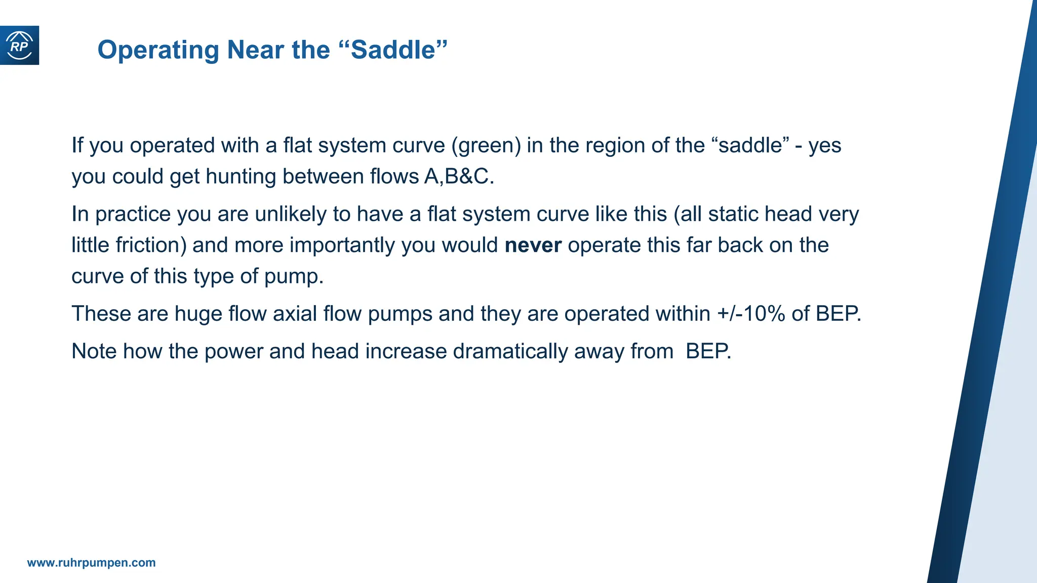 www.ruhrpumpen.com
Operating Near the “Saddle”
If you operated with a flat system curve (green) in the region of the “saddle” - yes
you could get hunting between flows A,B&C.
In practice you are unlikely to have a flat system curve like this (all static head very
little friction) and more importantly you would never operate this far back on the
curve of this type of pump.
These are huge flow axial flow pumps and they are operated within +/-10% of BEP.
Note how the power and head increase dramatically away from BEP.
 