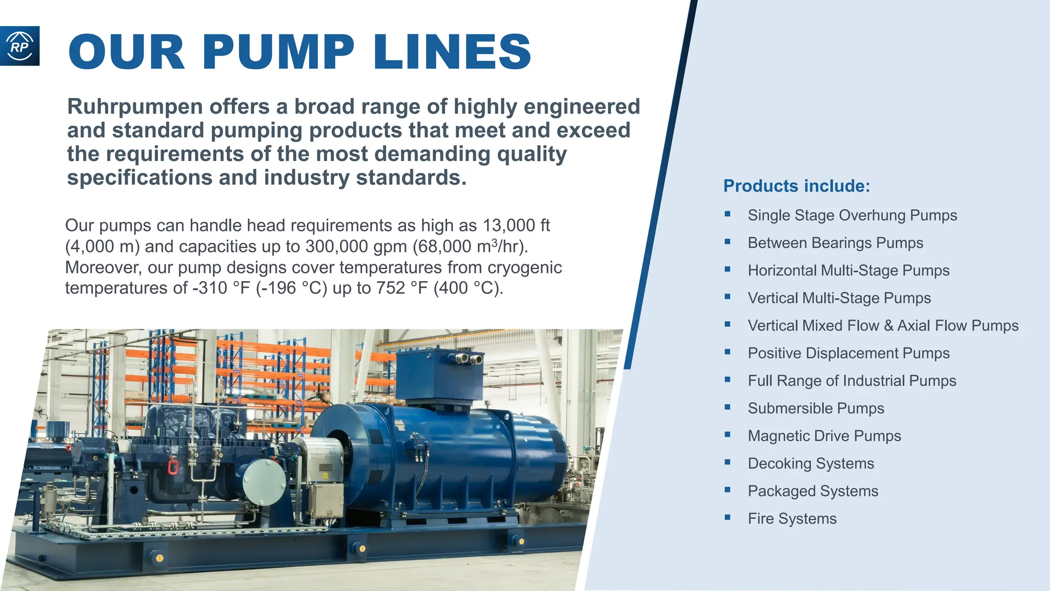 OUR PUMP LINES
Ruhrpumpen offers a broad range of highly engineered
and standard pumping products that meet and exceed
the requirements of the most demanding quality
specifications and industry standards.
Our pumps can handle head requirements as high as 13,000 ft
(4,000 m) and capacities up to 300,000 gpm (68,000 m3/hr).
Moreover, our pump designs cover temperatures from cryogenic
temperatures of -310 °F (-196 °C) up to 752 °F (400 °C).
Products include:
 Single Stage Overhung Pumps
 Between Bearings Pumps
 Horizontal Multi-Stage Pumps
 Vertical Multi-Stage Pumps
 Vertical Mixed Flow & Axial Flow Pumps
 Positive Displacement Pumps
 Full Range of Industrial Pumps
 Submersible Pumps
 Magnetic Drive Pumps
 Decoking Systems
 Packaged Systems
 Fire Systems
 