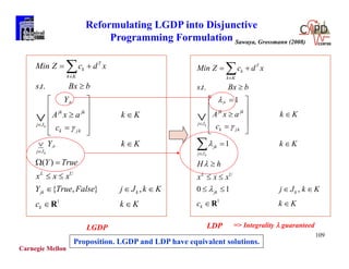 Carnegie Mellon
109
Reformulating LGDP into Disjunctive
Programming Formulation
1
. .
( )
, ,
jk
k
jk
k
T
k
k K
jk jk
j J
k jk
j J
L U
jk k
k
Min Z c d x
s t Bx b
Y
A x a k K
c
Y k K
Y True
x x x
Y True False j J k K
c




 

 
 
  
 
 
 
 
 
   



R k K
LGDP
1
. .
1
1
0 1 ,
jk
k
k
T
k
k K
jk jk
j J
k jk
jk
j J
L U
jk k
k
Min Z c d x
s t Bx b
A x a k K
c
k K
H h
x x x
j J k K
c








 

 
 
  
 
 
 

 
   
 



R k K  
LDP => Integrality  guaranteed
Proposition. LGDP and LDP have equivalent solutions.
Sawaya, Grossmann (2008)
 
