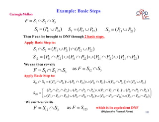 111
Example: Basic Steps
1 2 3F S S S  
1 11 21( )S P P  2 12 22( )S P P  3 13 23( )S P P 
12 11 12 11 22 21 12 21 22( ) ( ) ( ) ( )S P P P P P P P P       
11 12 13 11 22 13 21 12 13 21 22 13
123
11 12 23 11 22 23 21 12 23 21 22 23
( ) ( ) ( ) ( )
( ) ( ) ( ) ( )
P P P P P P P P P P P P
S
P P P P P P P P P P P P
           
  
            
Then F can be brought to DNF through 2 basic steps.
which is its equivalent DNF
(Disjunctive Normal Form)
1 2 3F S S S  
We can then rewrite
12 3as F S S 
1 2 11 21 12 22( ) ( )S S P P P P    
Apply Basic Step to:
12 3 11 12 11 22 21 12 21 22 13 23(( ) ( ) ( ) ( )) ( )S S P P P P P P P P P P          
Apply Basic Step to:
12 3F S S  123as F S
We can then rewrite
 
