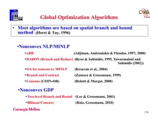 134
Global Optimization Algorithms
• Most algorithms are based on spatial branch and bound
method (Horst & Tuy, 1996)
•Nonconvex NLP/MINLP
BB (Adjiman, Androulakis & Floudas, 1997; 2000)
BARON (Branch and Reduce) (Ryoo & Sahinidis, 1995, Tawarmalani and
Sahinidis (2002))
OA for nonconvex MINLP (Kesavan et al., 2004)
Branch and Contract (Zamora & Grossmann, 1999)
Couenne (COIN-OR) (Belotti & Margot, 2008)
•Nonconvex GDP
Two-level Branch and Bound (Lee & Grossmann, 2001)
Bilinear/Concave (Ruiz, Grossmann, 2010)
 