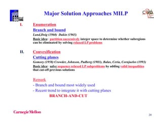 20
Major Solution Approaches MILP
I. Enumeration
Branch and bound
Land,Doig (1960) Dakin (1965)
Basic idea: partition successively integer space to determine whether subregions
can be eliminated by solving relaxed LP problems
II. Convexification
Cutting planes
Gomory (1958) Crowder, Johnson, Padberg (1983), Balas, Ceria, Cornjuelos (1993)
Basic idea: solve sequence relaxed LP subproblems by adding valid inequalities
that cut-off previous solutions
Remark
- Branch and bound most widely used
- Recent trend to integrate it with cutting planes
BRANCH-AND-CUT
 