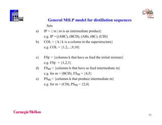 31
General MILP model for distillation sequences
Sets
a) IP = { m  m is an intermediate product}
e.g. IP ={(ABC), (BCD), (AB), (BC), (CD)}
b) COL = { k  k is a column in the superstructure}
e.g. COL = {1,2,...,9,10}
c) FSF = {columns k that have as feed the initial mixture}
e.g. FSF = {1,2,3}
d) FSm = {columns k that have as feed intermediate m}
e.g. for m = (BCD), FSm = {4,5}
e) PSm = {columns k that produce intermediate m}
e.g. for m = (CD), PSm = {2,4}
 