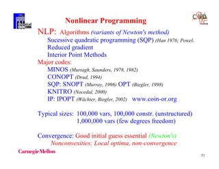 51
NLP: Algorithms (variants of Newton's method)
Sucessive quadratic programming (SQP) (Han 1976; Powell
Reduced gradient
Interior Point Methods
Major codes:
MINOS (Murtagh, Saunders, 1978, 1982)
CONOPT (Drud, 1994)
SQP: SNOPT (Murray, 1996) OPT (Biegler, 1998)
KNITRO (Nocedal, 2000)
IP: IPOPT (Wächter, Biegler, 2002) www.coin-or.org
Typical sizes: 100,000 vars, 100,000 constr. (unstructured)
1,000,000 vars (few degrees freedom)
Convergence: Good initial guess essential (Newton's)
Nonconvexities: Local optima, non-convergence
Nonlinear Programming
 