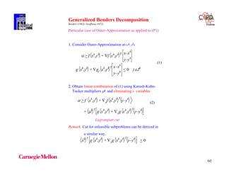 60
Generalized Benders Decomposition
Benders (1962), Geoffrion (1972)
Particular case of Outer-Approximation as applied to (P1)
1. Consider Outer-Approximation at (xk, yk)

 > f xk
,yk
+ f xk
,yk T x–xk
y–yk
g xk
,yk
+ gj xk
,yk T x–xk
y–yk
< 0 jJk
(1)
2. Obtain linear combination of (1) using Karush-Kuhn-
Tucker multipliers k and eliminating x variables

 > f xk
,yk
+ yf xk
,yk T
y–yk
(2)

+ k T
g xk
,yk
+ yg xk
,yk T
y–yk
Lagrangian cut
Remark. Cut for infeasible subproblems can be derived in
a similar way.

k T
g xk
,yk
+ yg xk
,yk T
y–yk
< 0
 