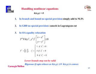 69
Handling nonlinear equations
h(x,y) = 0
1. In branch and bound no special provision-simply add to NLPs
2. In GBD no special provision- cancels in Lagrangean cut
3. In OA equality relaxation
Lower bounds may not be valid
Rigorous if eqtn relaxes as h(x,y)  0 h(x,y) is convex
 
1 0
, 1 0
0 0
( , ) 0
k
i
k k k k
ii ii i
k
i
k
k k k T
k
if
T t t if
if
x x
T h x y
y y




   

 
  
 





 