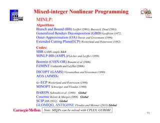 71
MINLP:
Algorithms
Branch and Bound (BB) Leyffer (2001), Bussieck, Drud (2003)
Generalized Benders Decomposition (GBD) Geoffrion (1972)
Outer-Approximation (OA) Duran and Grossmann (1986)
Extended Cutting Plane(ECP) Westerlund and Pettersson (1992)
Codes:
SBB GAMS simple B&B
MINLP-BB (AMPL)Fletcher and Leyffer (1999)
Bonmin (COIN-OR) Bonami et al (2006)
FilMINT Linderoth and Leyffer (2006)
DICOPT (GAMS) Viswanathan and Grossman (1990)
AOA (AIMSS)
ECP Westerlund and Peterssson (1996)
MINOPT Schweiger and Floudas (1998)
BARON Sahinidis et al. (1998) Global
Couenne Belotti & Margot (2008) Global
SCIP ZIB (2012) Global
GLOMIQO, ANTIGONE Floudas and Meisner (2011) Global
Mixed-integer Nonlinear Programming
Note: MIQPs can be solved with CPLEX, GUROBI
 