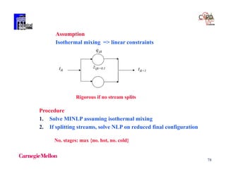 78
Assumption
Isothermal mixing => linear constraints
tik tik+1
qijk
zijk=0,1
Procedure
1. Solve MINLP assuming isothermal mixing
2. If splitting streams, solve NLP on reduced final configuration
Rigorous if no stream splits
No. stages: max {no. hot, no. cold}
 