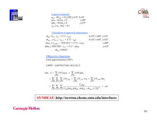80
Logical constraints
qijk -  zijk  0iHP, jCP, kST
qcui -  zcui  0 iHP
qhuj -  zhuj  0 jCP
zijk, zcui, zhuj = 0,1
Calculation of approach temperatures
dtijk  ti,k - tj,k +  (1 - zijk) kST, iHP, jCP
dtijk+1  ti,k+1 - tj,k+1 +  (1 - zijk) kST, iHP, jCP
dtcui  ti,NOK+1 - TOUTCU +  (1 - zcui) iHP
dthui  TOUTHU - tj,1 +  (1 - zhuj) jCP
dtijk  EMAT
Objective function
Chen approximation (1987)
LMTD ~ [(dtl*dt2)*(dtl+dt2)/2]1/3
, ,
1/3
1 1
min
... .
[( )( )( ) / 2)]
i j
i HP j CP
ij ijk i CU i i HU j
i HP j CP k ST i HP j CP
ij ijk
i HP j CP k ST ijk ijk ijk ijk ijk
Z CCUqcu CHUqhu
CF z CF zcu CF zhu
C q
etc
U dt dt dt dt
 
    
    
 
  
 

 
    
  
SYNHEAT: http://newton.cheme.cmu.edu/interfaces
 