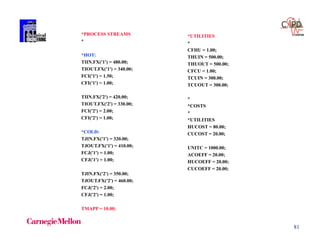 81
*PROCESS STREAMS
*
*HOT:
TIIN.FX('1') = 480.00;
TIOUT.FX('1') = 340.00;
FCI('1') = 1.50;
CFI('1') = 1.00;
TIIN.FX('2') = 420.00;
TIOUT.FX('2') = 330.00;
FCI('2') = 2.00;
CFI('2') = 1.00;
*COLD:
TJIN.FX('1') = 320.00;
TJOUT.FX('1') = 410.00;
FCJ('1') = 1.00;
CFJ('1') = 1.00;
TJIN.FX('2') = 350.00;
TJOUT.FX('2') = 460.00;
FCJ('2') = 2.00;
CFJ('2') = 1.00;
TMAPP = 10.00;
*UTILITIES
*
CFHU = 1.00;
THUIN = 500.00;
THUOUT = 500.00;
CFCU = 1.00;
TCUIN = 300.00;
TCUOUT = 300.00;
*
*COSTS
*
*UTILITIES
HUCOST = 80.00;
CUCOST = 20.00;
UNITC = 1000.00;
ACOEFF = 20.00;
HUCOEFF = 20.00;
CUCOEFF = 20.00;
 