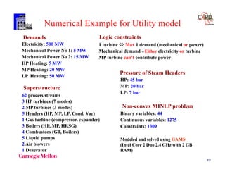 89
Numerical Example for Utility model
Electricity: 500 MW
Mechanical Power No 1: 5 MW
Mechanical Power No 2: 15 MW
HP Heating: 5 MW
MP Heating: 20 MW
LP Heating: 50 MW
Demands
Pressure of Steam Headers
HP: 45 bar
MP: 20 bar
LP: 7 bar
62 process streams
3 HP turbines (7 modes)
2 MP turbines (3 modes)
5 Headers (HP, MP, LP, Cond, Vac)
1 Gas turbine (compressor, expander)
3 Boilers (HP, MP, HRSG)
4 Combustors (GT, Boilers)
5 Liquid pumps
2 Air blowers
1 Deaerator
Superstructure
Non-convex MINLP problem
Binary variables: 44
Continuous variables: 1275
Constraints: 1309
Modeled and solved using GAMS
(Intel Core 2 Duo 2.4 GHz with 2 GB
RAM)
Logic constraints
1 turbine  Max 1 demand (mechanical or power)
Mechanical demand  Either electricity or turbine
MP turbine can’t contribute power
 