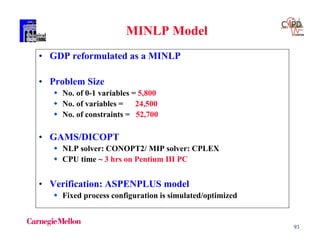 93
MINLP Model
• GDP reformulated as a MINLP
• Problem Size
 No. of 0-1 variables = 5,800
 No. of variables = 24,500
 No. of constraints = 52,700
• GAMS/DICOPT
 NLP solver: CONOPT2/ MIP solver: CPLEX
 CPU time ~ 3 hrs on Pentium III PC
• Verification: ASPENPLUS model
 Fixed process configuration is simulated/optimized
 
