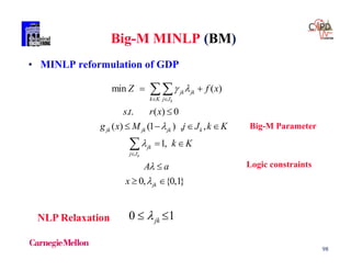 98
Big-M MINLP (BM)
• MINLP reformulation of GDP
min ( )
. . ( ) 0
( ) (1 ) , ,
1,
0, {0,1}
k
k
jk jk
k K j J
jk jk jk k
jk
j J
jk
Z f x
st r x
g x M j J k K
k K
A a
x
 




 

 

   
 

 


Big-M Parameter
Logic constraints
NLP Relaxation 0 1jk 
 