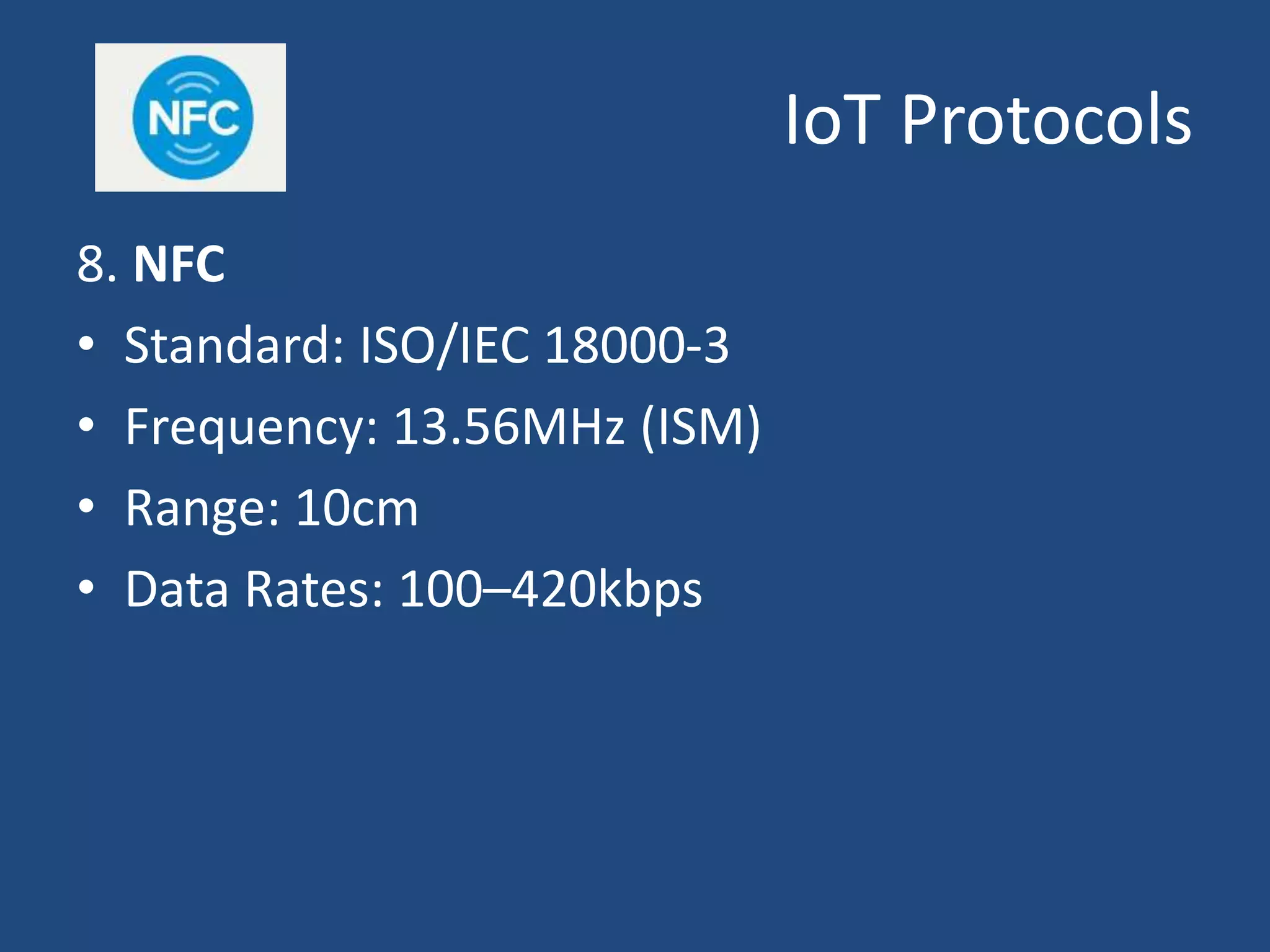 IoT Protocols
8. NFC
• Standard: ISO/IEC 18000-3
• Frequency: 13.56MHz (ISM)
• Range: 10cm
• Data Rates: 100–420kbps
 