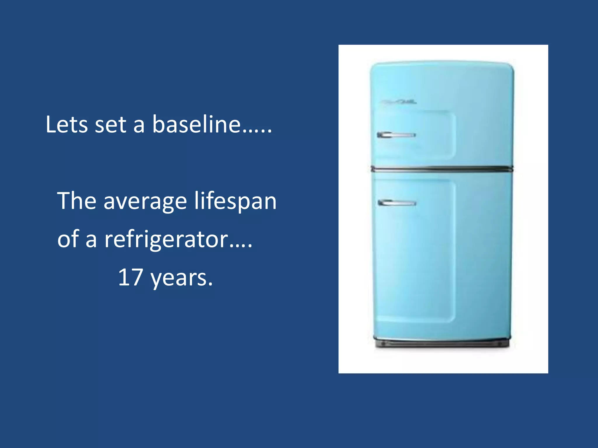 Lets set a baseline…..
The average lifespan
of a refrigerator….
17 years.
 