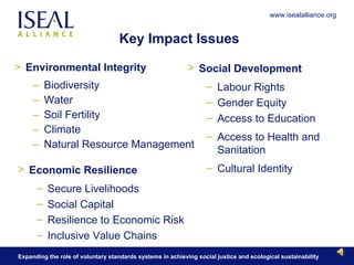 Key Impact Issues Environmental Integrity Biodiversity Water Soil Fertility Climate Natural Resource Management Social Development Labour Rights Gender Equity Access to Education Access to Health and Sanitation Cultural Identity Economic Resilience Secure Livelihoods Social Capital Resilience to Economic Risk Inclusive Value Chains 