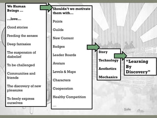We Human
Beings …               Shouldn’t we motivate
                       them with…
…love…
                       Points
Good stories
                       Guilds
Feeding the senses
                       New Content
Deep fantasies
                       Badges
The suspension of                              Story
disbelief              Leader Boards
                                               Technology   “Learning
To be challenged       Avatars
                                               Aesthetics
                                                            By
Communities and        Levels & Maps                        Discovery”
friends                                        Mechanics
                       Characters
The discovery of new
pleasures              Cooperation

To freely express      Healthy Competition
ourselves
                       …
 