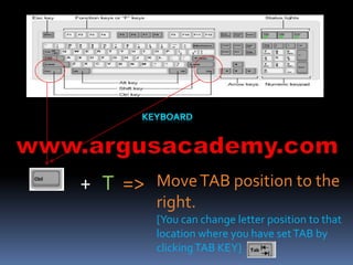 Move TAB position to the 
right. 
[You can change letter position to that 
location where you have set TAB by 
clicking TAB KEY] 
+ T => 
 