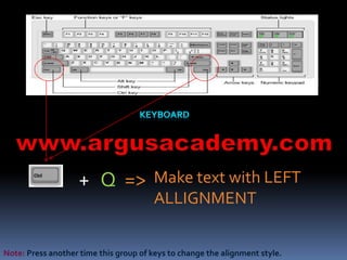 Make text with LEFT 
ALLIGNMENT 
+ Q => 
Note: Press another time this group of keys to change the alignment style. 
 