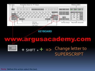 Change letter to 
SUPERSCRIPT 
+ SHIFT + + => 
Note: Before this action select the text. 
 