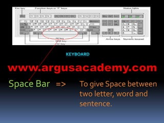 To give Space between 
two letter, word and 
sentence. 
Space Bar => 
