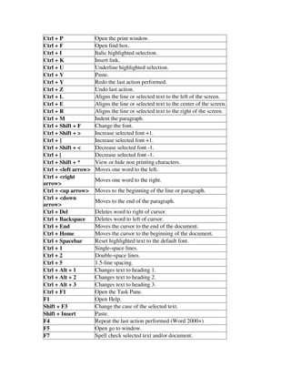 Ctrl + P Open the print window.
Ctrl + F Open find box.
Ctrl + I Italic highlighted selection.
Ctrl + K Insert link.
Ctrl + U Underline highlighted selection.
Ctrl + V Paste.
Ctrl + Y Redo the last action performed.
Ctrl + Z Undo last action.
Ctrl + L Aligns the line or selected text to the left of the screen.
Ctrl + E Aligns the line or selected text to the center of the screen.
Ctrl + R Aligns the line or selected text to the right of the screen.
Ctrl + M Indent the paragraph.
Ctrl + Shift + F Change the font.
Ctrl + Shift + > Increase selected font +1.
Ctrl + ] Increase selected font +1.
Ctrl + Shift + < Decrease selected font -1.
Ctrl + [ Decrease selected font -1.
Ctrl + Shift + * View or hide non printing characters.
Ctrl + <left arrow> Moves one word to the left.
Ctrl + <right
arrow>
Moves one word to the right.
Ctrl + <up arrow> Moves to the beginning of the line or paragraph.
Ctrl + <down
arrow>
Moves to the end of the paragraph.
Ctrl + Del Deletes word to right of cursor.
Ctrl + Backspace Deletes word to left of cursor.
Ctrl + End Moves the cursor to the end of the document.
Ctrl + Home Moves the cursor to the beginning of the document.
Ctrl + Spacebar Reset highlighted text to the default font.
Ctrl + 1 Single-space lines.
Ctrl + 2 Double-space lines.
Ctrl + 5 1.5-line spacing.
Ctrl + Alt + 1 Changes text to heading 1.
Ctrl + Alt + 2 Changes text to heading 2.
Ctrl + Alt + 3 Changes text to heading 3.
Ctrl + F1 Open the Task Pane.
F1 Open Help.
Shift + F3 Change the case of the selected text.
Shift + Insert Paste.
F4 Repeat the last action performed (Word 2000+)
F5 Open go to window.
F7 Spell check selected text and/or document.
 