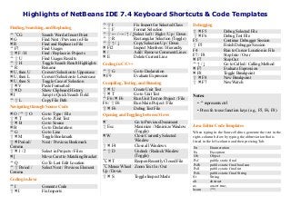 Highlights of NetBeans IDE 7.4 Keyboard Shortcuts & Code Templates 
Finding, Searching, and Replacing 
⌃ ⌥ G Search Word at Insert Point 
⌘ G Find Next / Previous in File 
⌘ R Find and Replace in File 
⌃ F7 Find Usages 
⇧ ⌘ F / H Find / Replace in Projects 
⌃ ⇧ U Find Usages Results 
⌃ ⇧ H Toggle Search Result Highlights 
⌃ R Rename 
⌘ U, then U Convert Selection to Uppercase 
⌘ U, then L Convert Selection to Lowercase 
⌘ U, then S Toggle Case of Selection 
⇧ ⌘ V Paste Formatted 
⇧ ⌘ D Show Clipboard History 
⌘ I Jump to Quick Search Field 
⌃ ⇧ L Copy File Path 
Navigating through Source Code 
⌘ O / ⌃ ⇧ O Go to Type / File 
⇧ ⌘ T Go to JUnit Test 
⇧ ⌘ B Go to Source 
⌘ B Go to Declaration 
⌃ G Go to Line 
⇧ ⌘ M Toggle Bookmark 
⇧ ⌘ Period / 
Next / Previous Bookmark 
Comma 
⇧ ⌘ 1 / 2 Select in Projects / Files 
⌘ [ Move Caret to Matching Bracket 
⌃ Q Go To Last Edit Location 
⌃ ⇧ Period / 
Select Next / Previous Element 
Comma 
Coding in Java 
⌃ I Generate Code 
⇧ ⌘ I Fix Imports 
⌃ ⇧ I Fix Import for Selected Class 
⌃ ⇧ F Format Selection 
⌃ ⇧ ← / → / ↑ / ↓Select Left / Right / Up / Down 
⌃ ⇧ R Rectangular Selection (Toggle) 
⌃ ⇧ ↑ / ↓ Copy Selection Up / Down 
⌘ F12 Inspect Members / Hierarchy 
⌘ / Add / Remove Comment Lines 
⌘ E Delete Current Line 
Coding in C/C++ 
⌃ ⇧ G Go to Declaration 
⌘ F9 Evaluate Expression 
Compiling, Testing, and Running 
⇧ ⌘ U Create Unit Test 
⇧ ⌘ T Go to Unit Test 
⌃ F6 / ⌘ F6 Run Unit Test on Project / File 
F6 / ⇧ F6 Run Main Project / File 
⇧ ⌘ F6 Debug Test File 
Opening and Toggling between Views 
⌘ ` Go to Previous Document 
⇧ Esc Maximize / Minimize Window 
(Toggle) 
⌘ W Close Currently Selected 
Window 
⇧ ⌘ F4 Close all Windows 
⌃ ⇧ D Undock / Redock Window 
(Toggle) 
⌥ ⌘ T Reopen Recently Closed File 
⌥ Mouse Wheel 
Zoom Text In / Out 
Up / Down 
⇧ ⌘ S Toggle Inspect Mode 
Debugging 
⇧ ⌘ F5 Debug Selected File 
⇧ ⌘ F6 Debug Test File 
F5 Continue Debugger Session 
⇧ F5 Finish Debugger Session 
F4 Run to Cursor Location in File 
F7 / F8 Step Into / Over 
⌘ F7 Step Out 
⌃ ↑ / ↓ Go to Called / Calling Method 
⌘ F7 Evaluate Expression 
⌘ F8 Toggle Breakpoint 
⇧ ⌘ F8 New Breakpoint 
⇧ ⌘ F7 New Watch 
Notes: 
• ⌃ represents ctrl 
• Press fn to use function keys (e.g., F5, F6, F8) 
Java Editor Code Templates 
When typing in the Source Editor, generate the text in the 
right-column below by typing the abbreviation that is 
listed in the left-column and then pressing Tab. 
En Enumeration 
Ex Exception 
Ob Object 
Psf public static final 
Psfb public static final boolean 
Psfi public static final int 
Psfs public static final String 
St String 
ab abstract 
as assert true; 
bcom /**/ 
 