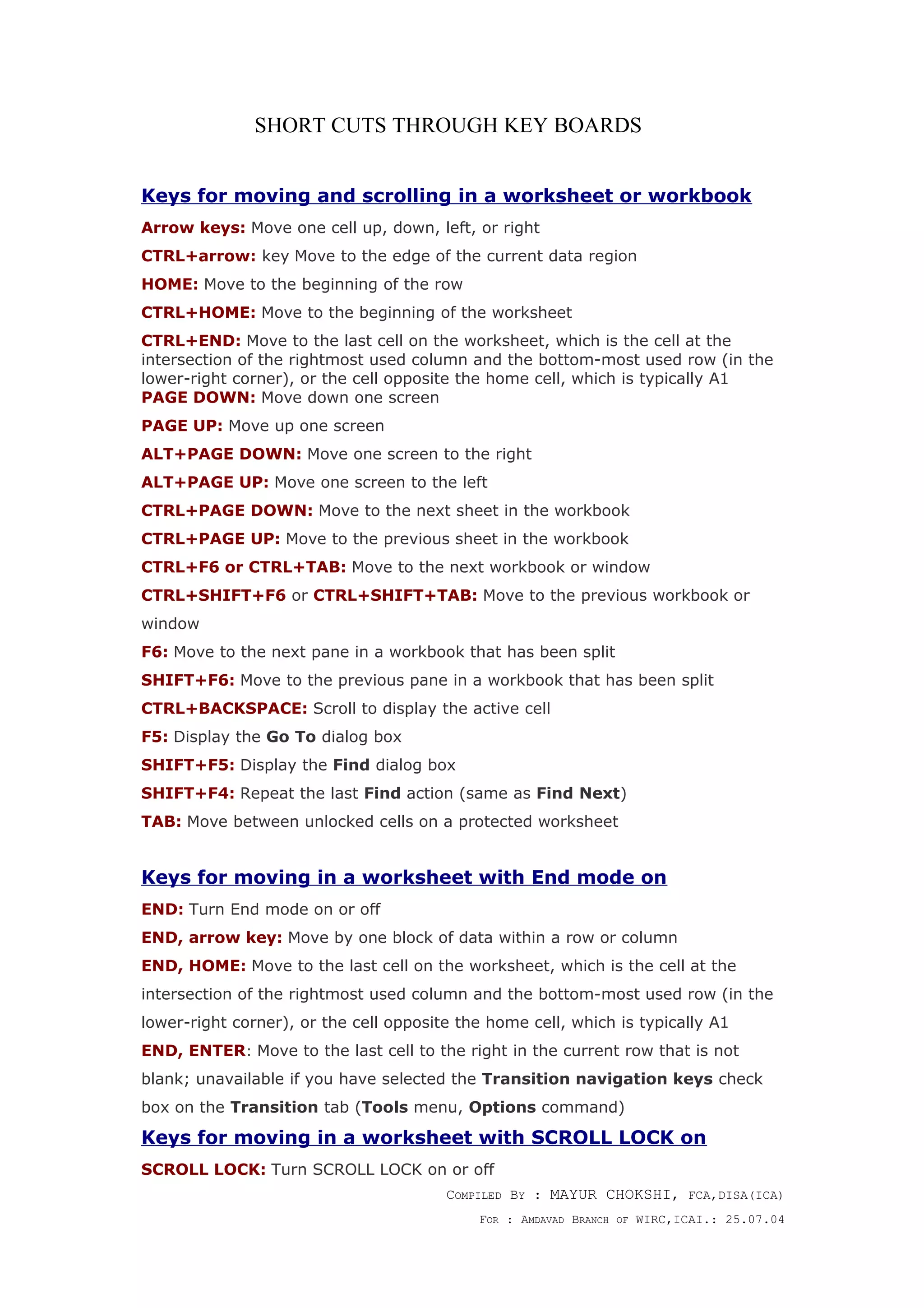 SHORT CUTS THROUGH KEY BOARDS
Keys for moving and scrolling in a worksheet or workbook
Arrow keys: Move one cell up, down, left, or right
CTRL+arrow: key Move to the edge of the current data region
HOME: Move to the beginning of the row
CTRL+HOME: Move to the beginning of the worksheet
CTRL+END: Move to the last cell on the worksheet, which is the cell at the
intersection of the rightmost used column and the bottom-most used row (in the
lower-right corner), or the cell opposite the home cell, which is typically A1
PAGE DOWN: Move down one screen
PAGE UP: Move up one screen
ALT+PAGE DOWN: Move one screen to the right
ALT+PAGE UP: Move one screen to the left
CTRL+PAGE DOWN: Move to the next sheet in the workbook
CTRL+PAGE UP: Move to the previous sheet in the workbook
CTRL+F6 or CTRL+TAB: Move to the next workbook or window
CTRL+SHIFT+F6 or CTRL+SHIFT+TAB: Move to the previous workbook or
window
F6: Move to the next pane in a workbook that has been split
SHIFT+F6: Move to the previous pane in a workbook that has been split
CTRL+BACKSPACE: Scroll to display the active cell
F5: Display the Go To dialog box
SHIFT+F5: Display the Find dialog box
SHIFT+F4: Repeat the last Find action (same as Find Next)
TAB: Move between unlocked cells on a protected worksheet
Keys for moving in a worksheet with End mode on
END: Turn End mode on or off
END, arrow key: Move by one block of data within a row or column
END, HOME: Move to the last cell on the worksheet, which is the cell at the
intersection of the rightmost used column and the bottom-most used row (in the
lower-right corner), or the cell opposite the home cell, which is typically A1
END, ENTER: Move to the last cell to the right in the current row that is not
blank; unavailable if you have selected the Transition navigation keys check
box on the Transition tab (Tools menu, Options command)
Keys for moving in a worksheet with SCROLL LOCK on
SCROLL LOCK: Turn SCROLL LOCK on or off
COMPILED BY : MAYUR CHOKSHI, FCA,DISA(ICA)
FOR : AMDAVAD BRANCH OF WIRC,ICAI.: 25.07.04
 