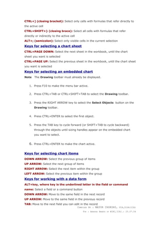 CTRL+] (closing bracket): Select only cells with formulas that refer directly to
the active cell
CTRL+SHIFT+} (closing brace): Select all cells with formulas that refer
directly or indirectly to the active cell
ALT+; (semicolon): Select only visible cells in the current selection
Keys for selecting a chart sheet
CTRL+PAGE DOWN: Select the next sheet in the workbook, until the chart
sheet you want is selected
CTRL+PAGE UP: Select the previous sheet in the workbook, until the chart sheet
you want is selected
Keys for selecting an embedded chart
Note The Drawing toolbar must already be displayed.
1. Press F10 to make the menu bar active.
2. Press CTRL+TAB or CTRL+SHIFT+TAB to select the Drawing toolbar.
3. Press the RIGHT ARROW key to select the Select Objects button on the
Drawing toolbar.
4. Press CTRL+ENTER to select the first object.
5. Press the TAB key to cycle forward (or SHIFT+TAB to cycle backward)
through the objects until sizing handles appear on the embedded chart
you want to select.
6. Press CTRL+ENTER to make the chart active.
Keys for selecting chart items
DOWN ARROW: Select the previous group of items
UP ARROW: Select the next group of items
RIGHT ARROW: Select the next item within the group
LEFT ARROW: Select the previous item within the group
Keys for working with a data form
ALT+key, where key is the underlined letter in the field or command
name: Select a field or a command button
DOWN ARROW: Move to the same field in the next record
UP ARROW: Move to the same field in the previous record
TAB: Move to the next field you can edit in the record
COMPILED BY : MAYUR CHOKSHI, FCA,DISA(ICA)
FOR : AMDAVAD BRANCH OF WIRC,ICAI.: 25.07.04
 