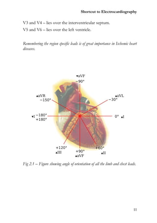 Shortcut to Electrocardiography

V3 and V4 – lies over the interventricular septum.
V5 and V6 – lies over the left ventricle.


Remembering the region specific leads is of great importance in Ischemic heart
diseases.




Fig 2.1 – Figure showing angle of orientation of all the limb and chest leads.




                                                                            11
 