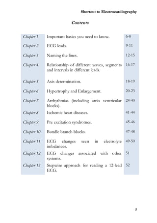 Shortcut to Electrocardiography

                           Contents

Chapter 1    Important basics you need to know.            6-8

Chapter 2    ECG leads.                                    9-11

Chapter 3    Naming the lines.                             12-15

Chapter 4    Relationship of different waves, segments 16-17
             and intervals in different leads.

Chapter 5    Axis determination.                           18-19

Chapter 6    Hypertrophy and Enlargement.                  20-23

Chapter 7    Arrhythmias (including atrio ventricular 24-40
             blocks).
Chapter 8    Ischemic heart diseases.                      41-44

Chapter 9    Pre excitation syndromes.                     45-46

Chapter 10   Bundle branch blocks.                         47-48

Chapter 11   ECG changes           seen   in   electrolyte 49-50
             imbalances.
Chapter 12   ECG changes associated with other 51
             systems.
Chapter 13   Stepwise approach for reading a 12-lead 52
             ECG.




                                                                   5
 
