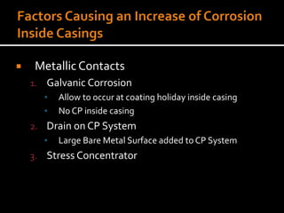  Metallic Contacts
1. Galvanic Corrosion
▪ Allow to occur at coating holiday inside casing
▪ No CP inside casing
2. Drain on CP System
▪ Large Bare Metal Surface added to CP System
3. Stress Concentrator
 