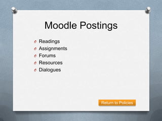 Moodle Postings
O Readings
O Assignments
O Forums
O Resources
O Dialogues




                Return to Policies
 