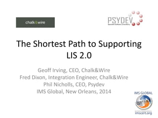 The Shortest Path to Supporting
LIS 2.0
Geoff Irving, CEO, Chalk&Wire
Fred Dixon, Integration Engineer, Chalk&Wire
Phil Nicholls, CEO, Psydev
IMS Global, New Orleans, 2014
 
