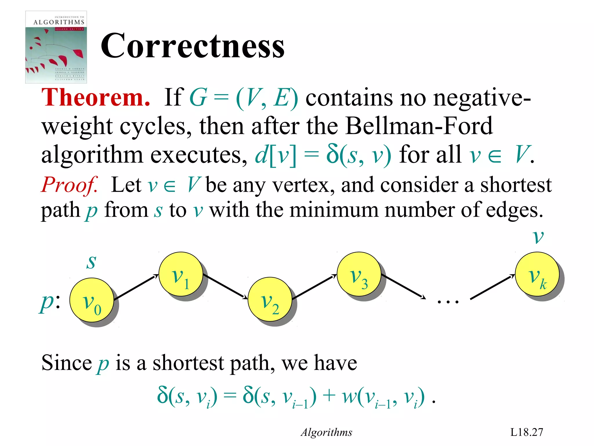 Algorithms L18.27
Correctness
Theorem. If G = (V, E) contains no negative-
weight cycles, then after the Bellman-Ford
algorithm executes, d[v] = δ(s, v) for all v ∈ V.
Proof. Let v ∈ V be any vertex, and consider a shortest
path p from s to v with the minimum number of edges.
v1
v1
v2
v2
v3
v3 vk
vk
v0
v0
…
s
v
p:
Since p is a shortest path, we have
δ(s, vi) = δ(s, vi–1) + w(vi–1, vi) .
 