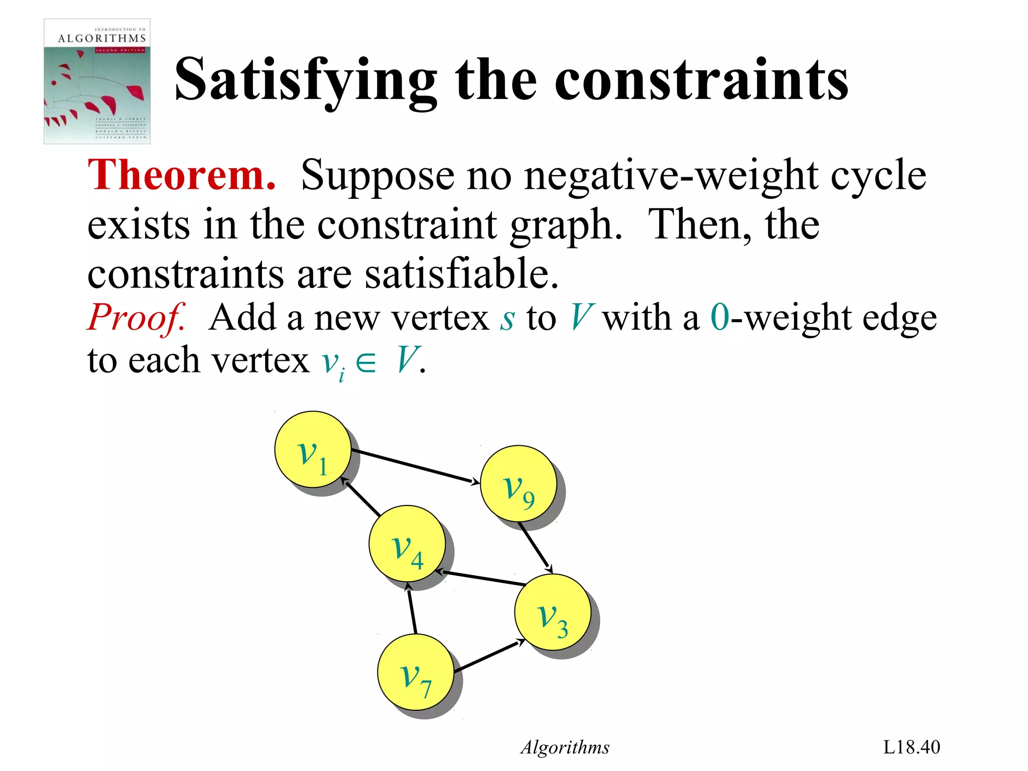 Algorithms L18.40
Satisfying the constraints
Theorem. Suppose no negative-weight cycle
exists in the constraint graph. Then, the
constraints are satisfiable.
Proof. Add a new vertex s to V with a 0-weight edge
to each vertex vi ∈ V.
v1
v1
v4
v4
v7
v7
v9
v9
v3
v3
 