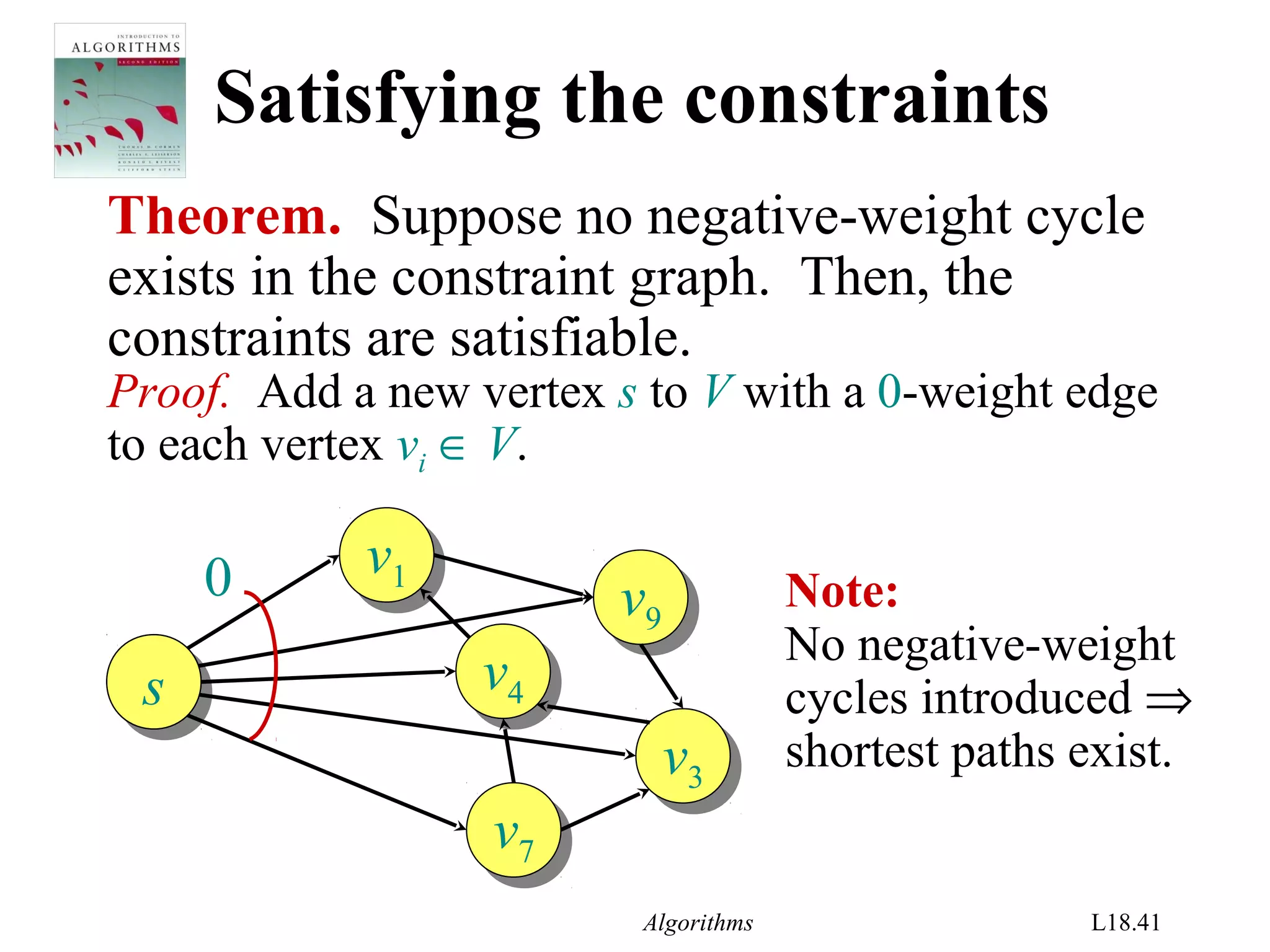 Algorithms L18.41
Satisfying the constraints
Theorem. Suppose no negative-weight cycle
exists in the constraint graph. Then, the
constraints are satisfiable.
Proof. Add a new vertex s to V with a 0-weight edge
to each vertex vi ∈ V.
v1
v1
v4
v4
v7
v7
v9
v9
v3
v3
s
0 Note:
No negative-weight
cycles introduced ⇒
shortest paths exist.
 