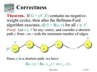 Algorithms L18.27
Correctness
Theorem. If G = (V, E) contains no negative-
weight cycles, then after the Bellman-Ford
algorithm executes, d[v] = δ(s, v) for all v ∈ V.
Proof. Let v ∈ V be any vertex, and consider a shortest
path p from s to v with the minimum number of edges.
v1
v1
v2
v2
v3
v3 vk
vk
v0
v0
…
s
v
p:
Since p is a shortest path, we have
δ(s, vi) = δ(s, vi–1) + w(vi–1, vi) .
 