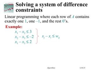 Algorithms L18.33
Solving a system of difference
constraints
Linear programming where each row of A contains
exactly one 1, one –1, and the rest 0’s.
Example:
x1 – x2 ≤ 3
x2 – x3 ≤ –2
x1 – x3 ≤ 2
xj – xi ≤ wij
 