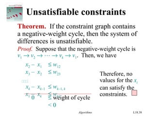 Algorithms L18.38
Unsatisfiable constraints
Theorem. If the constraint graph contains
a negative-weight cycle, then the system of
differences is unsatisfiable.
Proof. Suppose that the negative-weight cycle is
v1 → v2 →  → vk → v1. Then, we have
x2 – x1 ≤ w12
x3 – x2 ≤ w23

xk – xk–1 ≤ wk–1, k
x1 – xk ≤ wk1
Therefore, no
values for the xi
can satisfy the
constraints.
0 ≤ weight of cycle
< 0
 