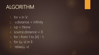 ALGORITHM
1. for v in V:
2. v.distance = infinity
3. v.p = None
4. source.distance = 0
5. for i from 1 to |V| - 1:
6. for (u, v) in E:
7. relax(u, v)
 