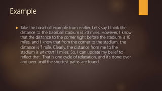 Example
 Take the baseball example from earlier. Let's say I think the
distance to the baseball stadium is 20 miles. However, I know
that the distance to the corner right before the stadium is 10
miles, and I know that from the corner to the stadium, the
distance is 1 mile. Clearly, the distance from me to the
stadium is at most 11 miles. So, I can update my belief to
reflect that. That is one cycle of relaxation, and it's done over
and over until the shortest paths are found
 