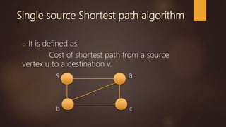 Single source Shortest path algorithm
o It is defined as
Cost of shortest path from a source
vertex u to a destination v.
s a
b c
 