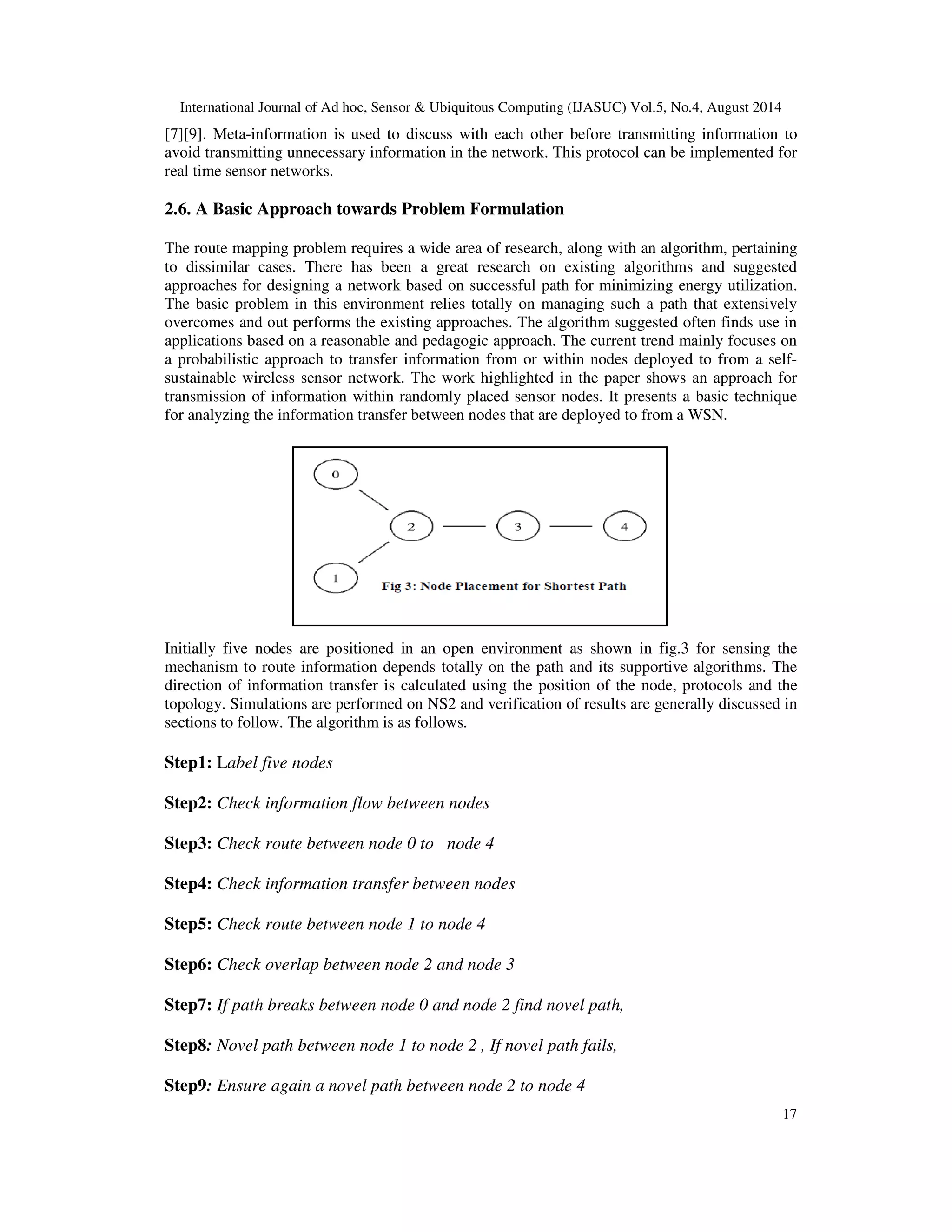 International Journal of Ad hoc, Sensor Ubiquitous Computing (IJASUC) Vol.5, No.4, August 2014 [7][9]. Meta-information is used to discuss with each other before transmitting information to avoid transmitting unnecessary information in the network. This protocol can be implemented for real time sensor networks. 17 2.6. A Basic Approach towards Problem Formulation The route mapping problem requires a wide area of research, along with an algorithm, pertaining to dissimilar cases. There has been a great research on existing algorithms and suggested approaches for designing a network based on successful path for minimizing energy utilization. The basic problem in this environment relies totally on managing such a path that extensively overcomes and out performs the existing approaches. The algorithm suggested often finds use in applications based on a reasonable and pedagogic approach. The current trend mainly focuses on a probabilistic approach to transfer information from or within nodes deployed to from a self-sustainable wireless sensor network. The work highlighted in the paper shows an approach for transmission of information within randomly placed sensor nodes. It presents a basic technique for analyzing the information transfer between nodes that are deployed to from a WSN. Initially five nodes are positioned in an open environment as shown in fig.3 for sensing the mechanism to route information depends totally on the path and its supportive algorithms. The direction of information transfer is calculated using the position of the node, protocols and the topology. Simulations are performed on NS2 and verification of results are generally discussed in sections to follow. The algorithm is as follows. Step1: Label five nodes Step2: Check information flow between nodes Step3: Check route between node 0 to node 4 Step4: Check information transfer between nodes Step5: Check route between node 1 to node 4 Step6: Check overlap between node 2 and node 3 Step7: If path breaks between node 0 and node 2 find novel path, Step8: Novel path between node 1 to node 2 , If novel path fails, Step9: Ensure again a novel path between node 2 to node 4 