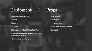Equipment / Props
• Camera (Nikon D7200)
• Tripod
• Battery
• SD card
• Microphone (Røde VideoMic Pro)
• Camera lens (AF-S Nikkor 18-105mm,
f/3.5-5.6G ED VR)
• Camera top handle grip
• Fake blood
• Bandages
• Red umbrella
• Paper with phone number
• Raincoat
 