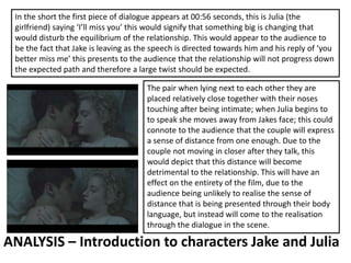 ANALYSIS – Introduction to characters Jake and Julia
In the short the first piece of dialogue appears at 00:56 seconds, this is Julia (the
girlfriend) saying ‘I’ll miss you’ this would signify that something big is changing that
would disturb the equilibrium of the relationship. This would appear to the audience to
be the fact that Jake is leaving as the speech is directed towards him and his reply of ‘you
better miss me’ this presents to the audience that the relationship will not progress down
the expected path and therefore a large twist should be expected.
The pair when lying next to each other they are
placed relatively close together with their noses
touching after being intimate; when Julia begins to
to speak she moves away from Jakes face; this could
connote to the audience that the couple will express
a sense of distance from one enough. Due to the
couple not moving in closer after they talk, this
would depict that this distance will become
detrimental to the relationship. This will have an
effect on the entirety of the film, due to the
audience being unlikely to realise the sense of
distance that is being presented through their body
language, but instead will come to the realisation
through the dialogue in the scene.
 