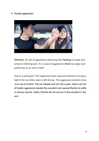 19	
  
	
  
5. Hostile aggression
Definition: An act of aggression stemming from feelings of anger and
aimed at inflicting pain. It is a type of aggression driven by anger and
performed as an end in itself.
How is it portrayed: This happened when Jean and Rachel is having a
fight in the car while Jean is still driving. The aggressive emotion drive
Jean out of control. The car slipped and ran into a pole. Jean’s act out
of hostile aggression leaded this accident and caused Rachel to suffer
in serious injuries. Sadly, Rachel did not survive in this accident in the
end.
 