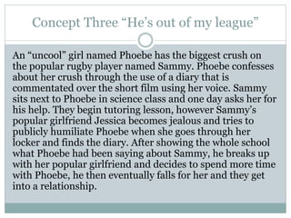 Concept Three “He’s out of my league”
An “uncool” girl named Phoebe has the biggest crush on
the popular rugby player named Sammy. Phoebe confesses
about her crush through the use of a diary that is
commentated over the short film using her voice. Sammy
sits next to Phoebe in science class and one day asks her for
his help. They begin tutoring lesson, however Sammy’s
popular girlfriend Jessica becomes jealous and tries to
publicly humiliate Phoebe when she goes through her
locker and finds the diary. After showing the whole school
what Phoebe had been saying about Sammy, he breaks up
with her popular girlfriend and decides to spend more time
with Phoebe, he then eventually falls for her and they get
into a relationship.
 